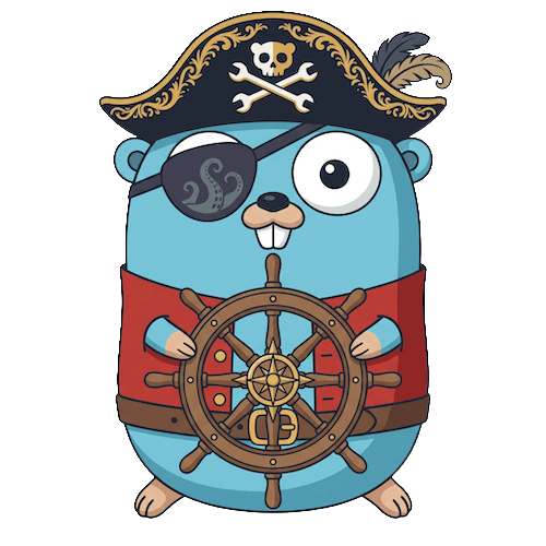 Go gopher mascot dressed as a pirate sailing a boat
